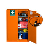 Justrite Emergency Preparedness Storage Cabinet - Powerport Electrical Pass-Thru - 4 Shelves - 2 Keys - Orange - 860002