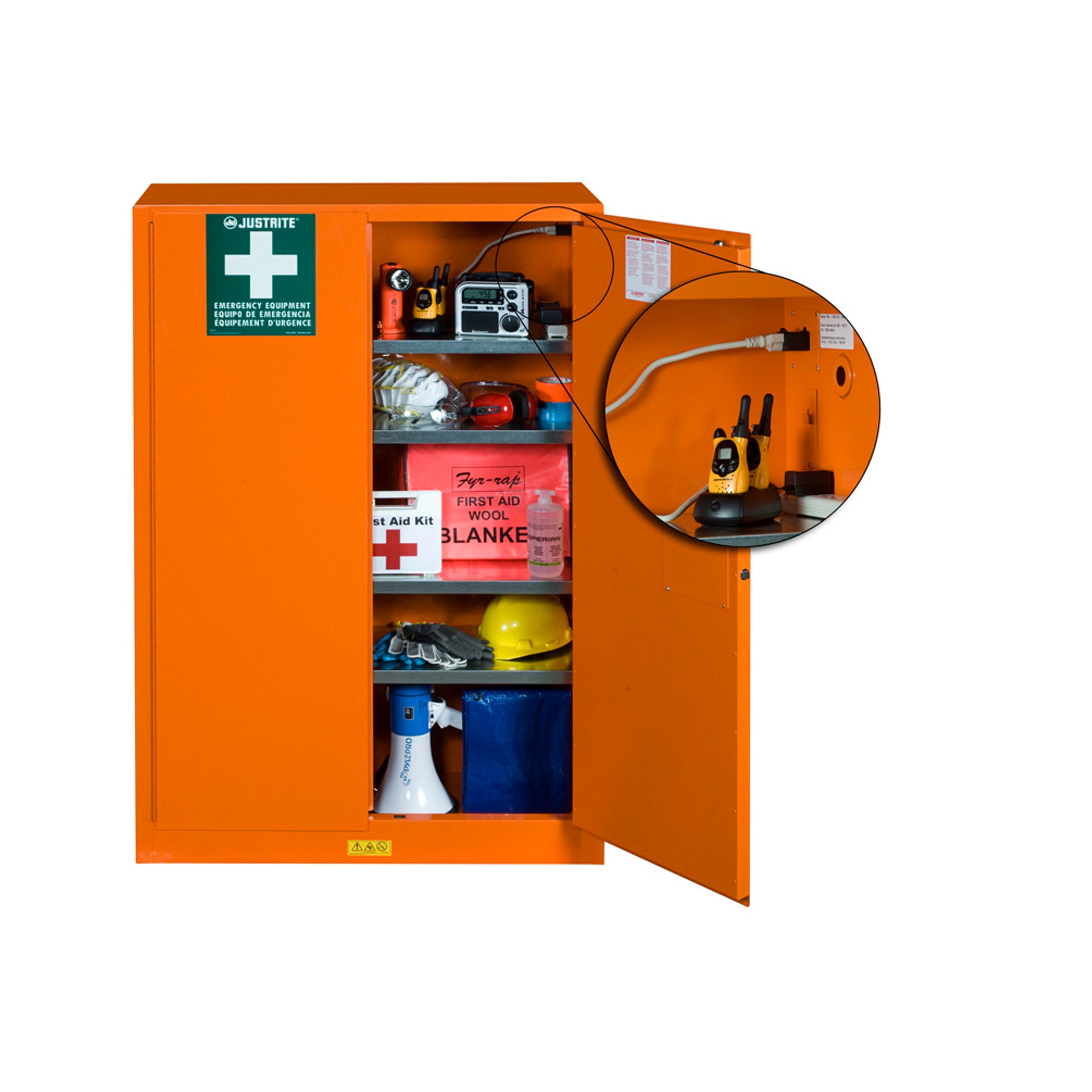 Justrite Emergency Preparedness Storage Cabinet - Powerport Electrical Pass-Thru - 4 Shelves - 2 Keys - Orange - 860002