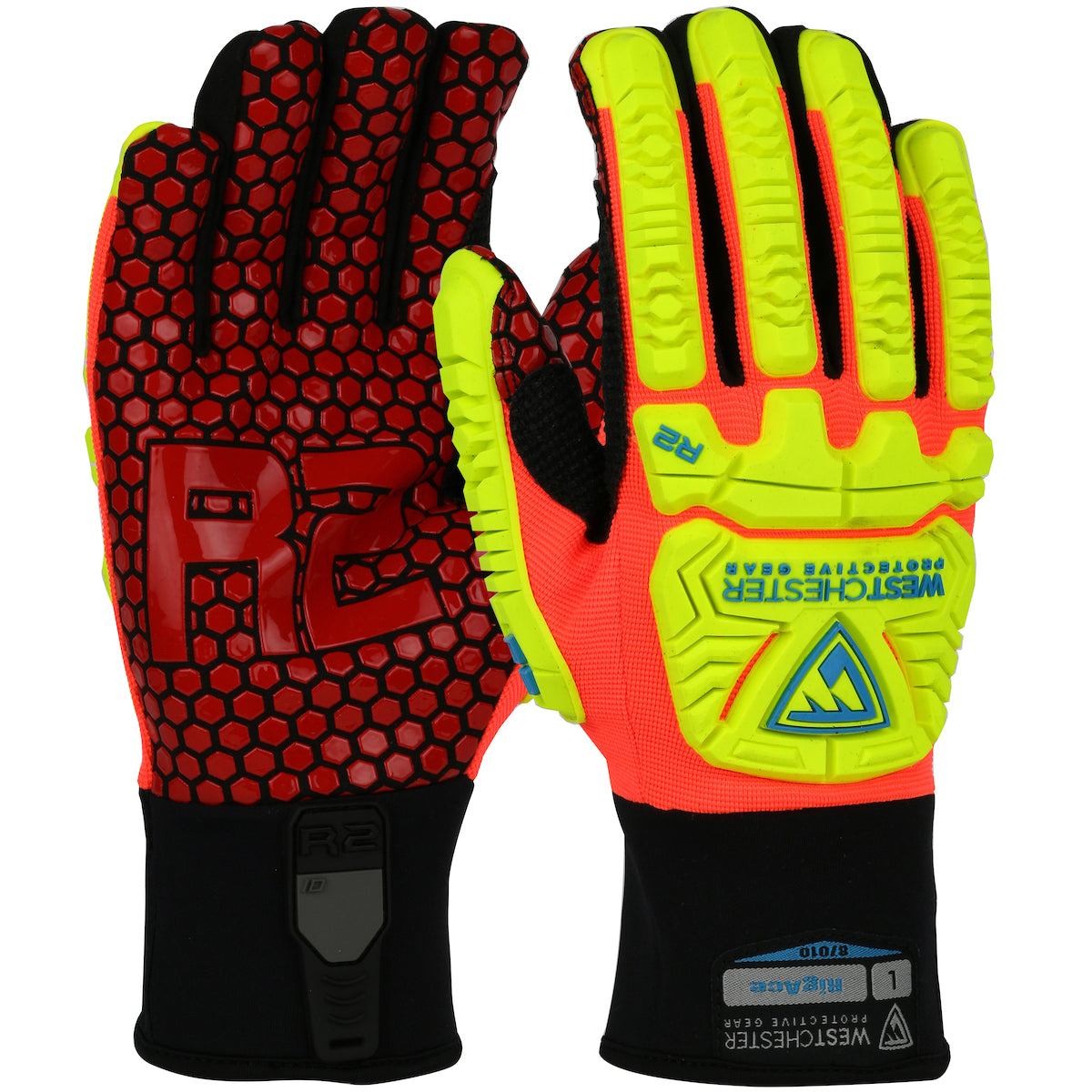 R2 RigAce Synthetic Leather Double Palm w/Silicone & Fabric Back - TPR Impact Protection - Hi-Vis Orange - 6/PR - 87010