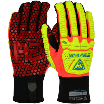 R2 RigAce Synthetic Leather Double Palm w/Silicone & Fabric Back - TPR Impact Protection - Hi-Vis Orange - 6/PR - 87010