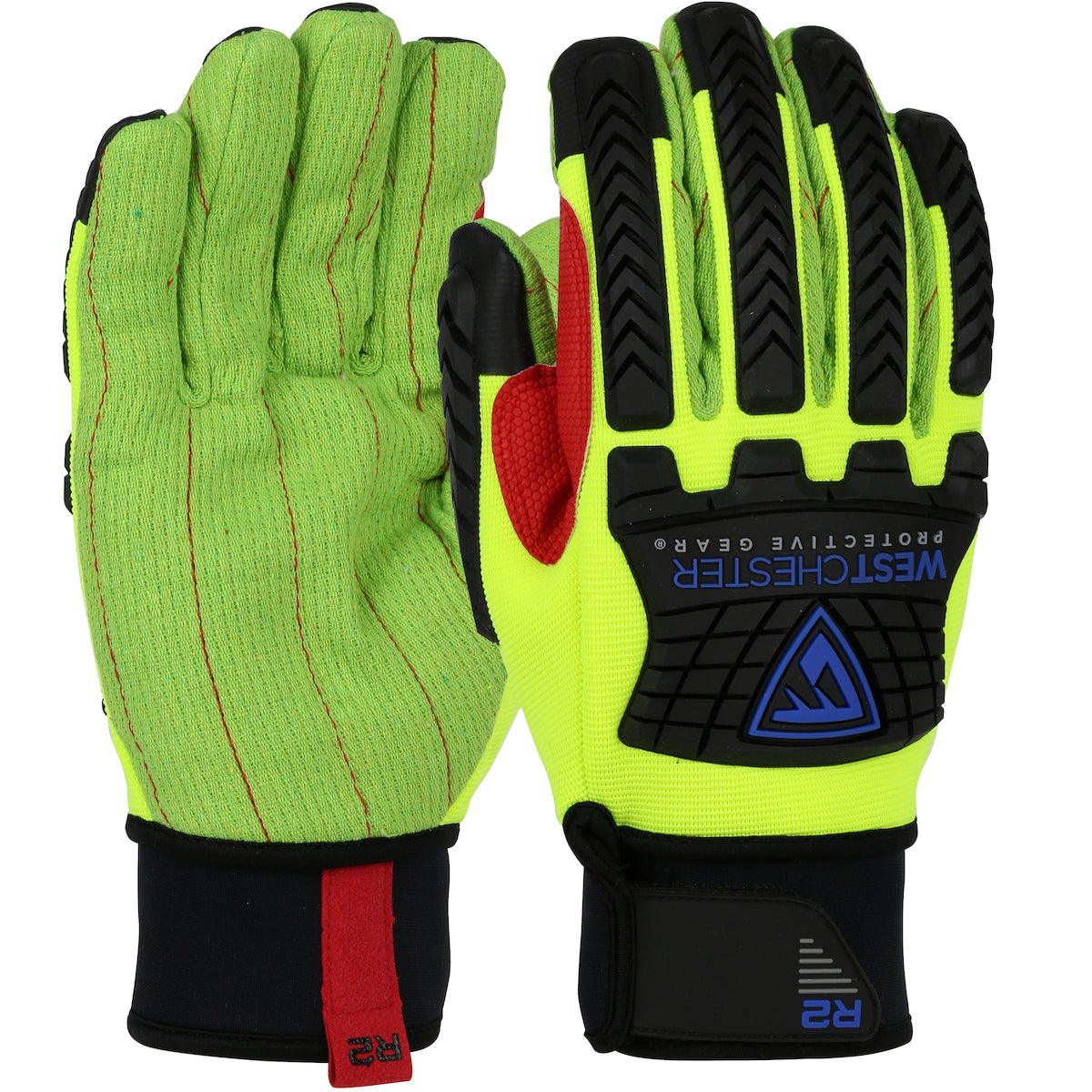 R2 Safety Rigger Green Corded Palm w/Fabric Back & TPR Impact Protection - Hi-Vis Yellow - 12/PR - 87800