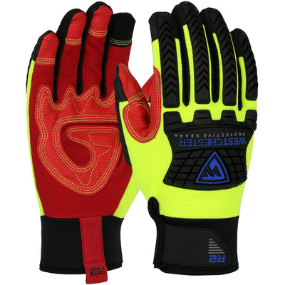 R2 Safety Rigger Synthetic Leather Double Palm w/Silicone Grip & Fabric Back - TPR Impact Protection - Hi-Vis Yellow - 6/PR - 87810