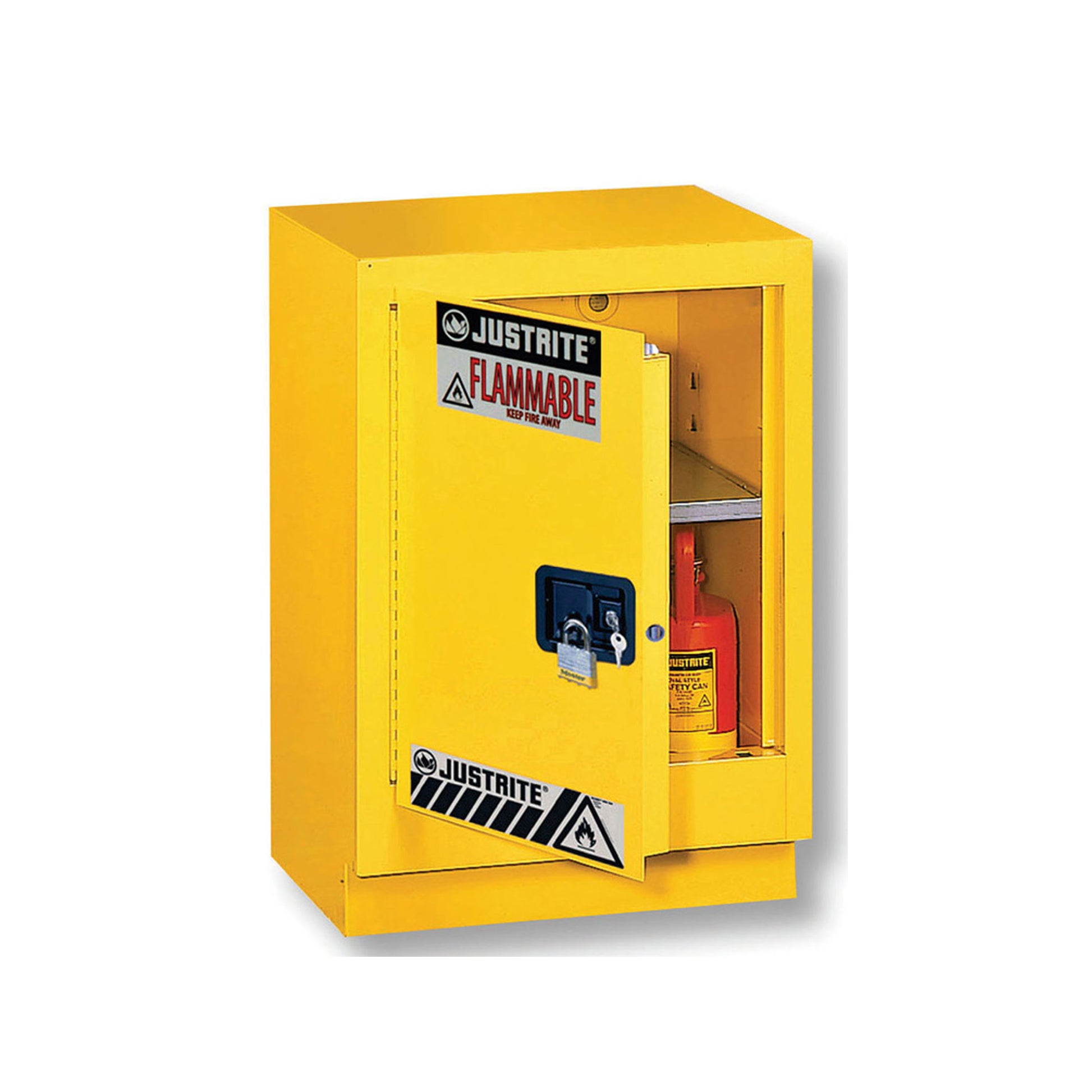 Justrite Under Fume Hood Solvent/Flammable Liquid Safety Cabinet - Cap. 15 Gal. - 1 Shlf - 1 M/C Lft Door - Yellow - 882410