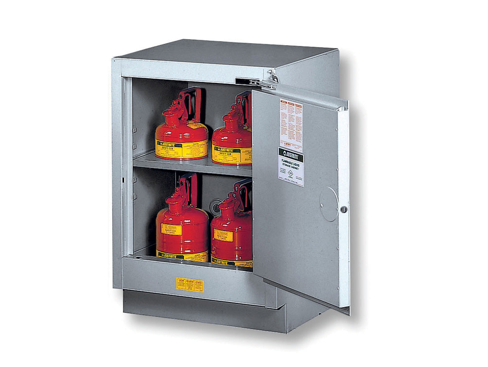 Justrite Under Fume Hood Solvent/Flammable Liquid Safety Cabinet - Cap. 15 Gal. - 1 Shlf - 1 S/C Rgt Door - Silver - 882424