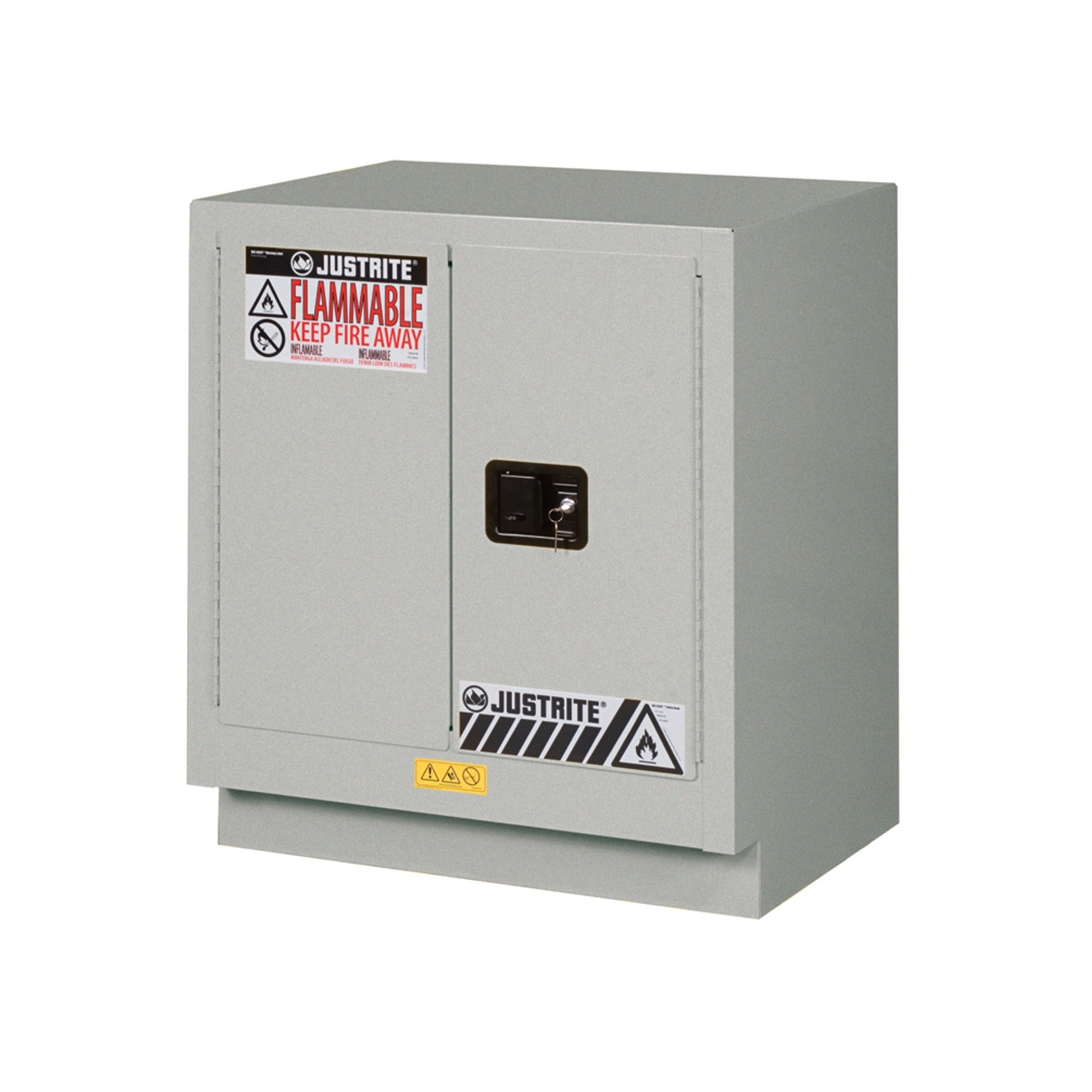 Justrite Under Fume Hood Solvent/Flammable Liquid Safety Cabinet - Cap. 19 Gal. - 1 Shelf - 2 M/C Doors - Silver - 883004