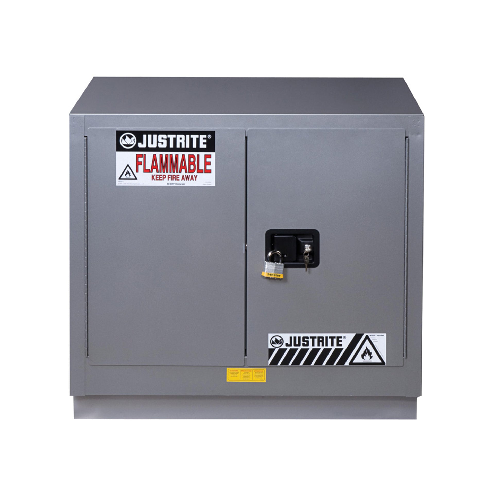 Justrite Under Fume Hood Solvent/Flammable Liquid Safety Cabinet - Cap. 23 Gal. - 1 Shelf - 2 M/C Doors - Silver - 883604