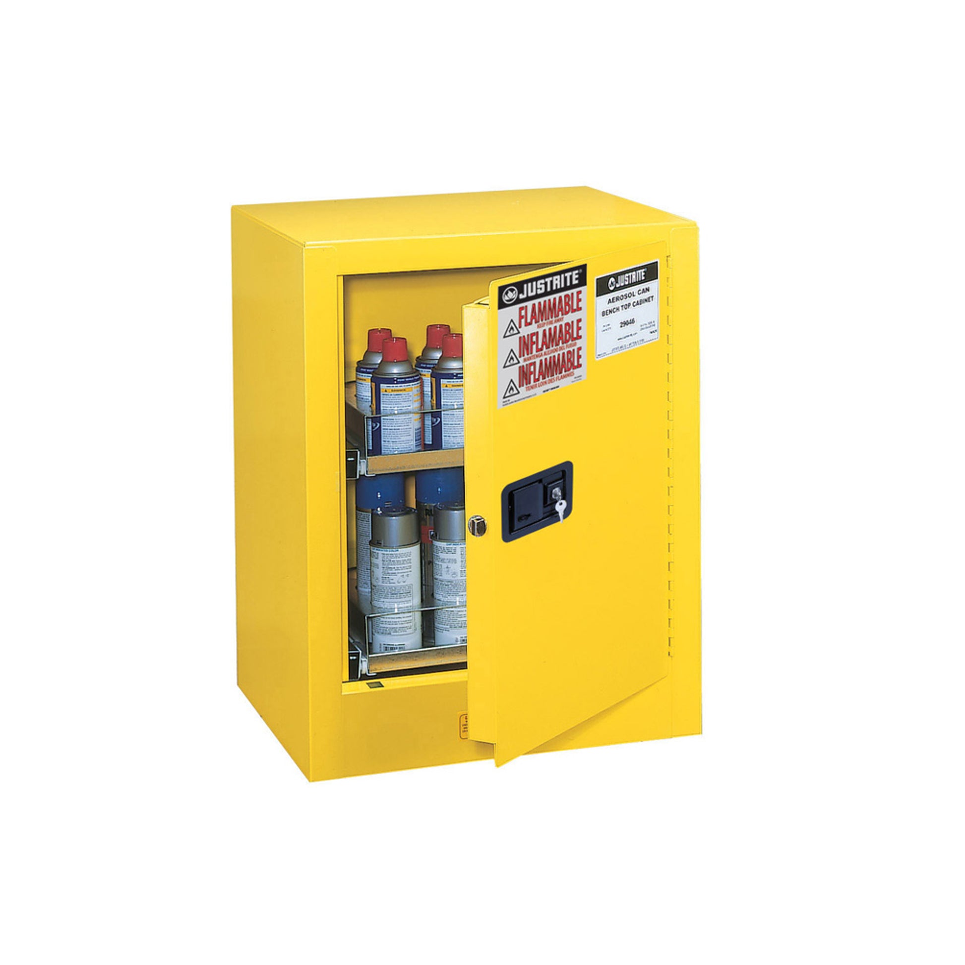 Justrite Sure-Grip Ex Benchtop Flammable Safety Cabinet - Cap. 24 Aerosol Cans - 2 Drawers - 1 M/C Door - Yellow - 890500