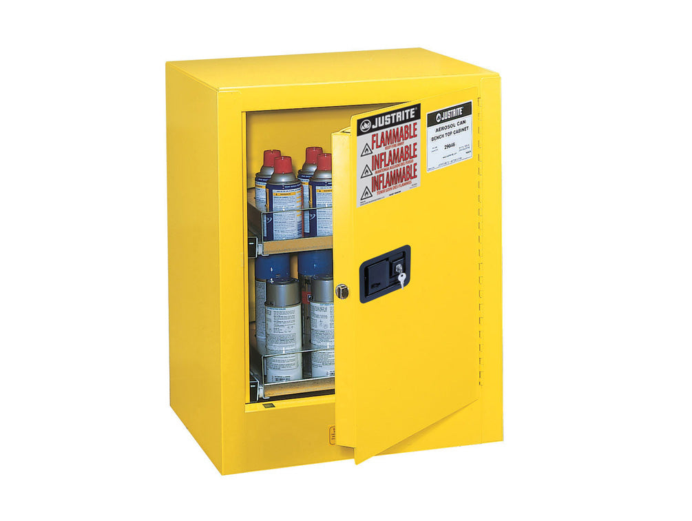 Justrite Sure-Grip Ex Benchtop Flammable Safety Cabinet - Cap. 24 Aerosol Cans - 2 Drawers - 1 M/C Door - Yellow - 890500