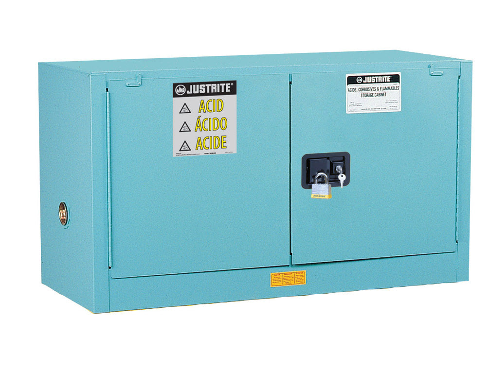 Justrite Sure-Grip Ex Piggyback Corrosives/Acid Steel Safety Cabinet - Cap. 17 Gal - 1 Shlf - 2 M/C Doors - Blu - 891702