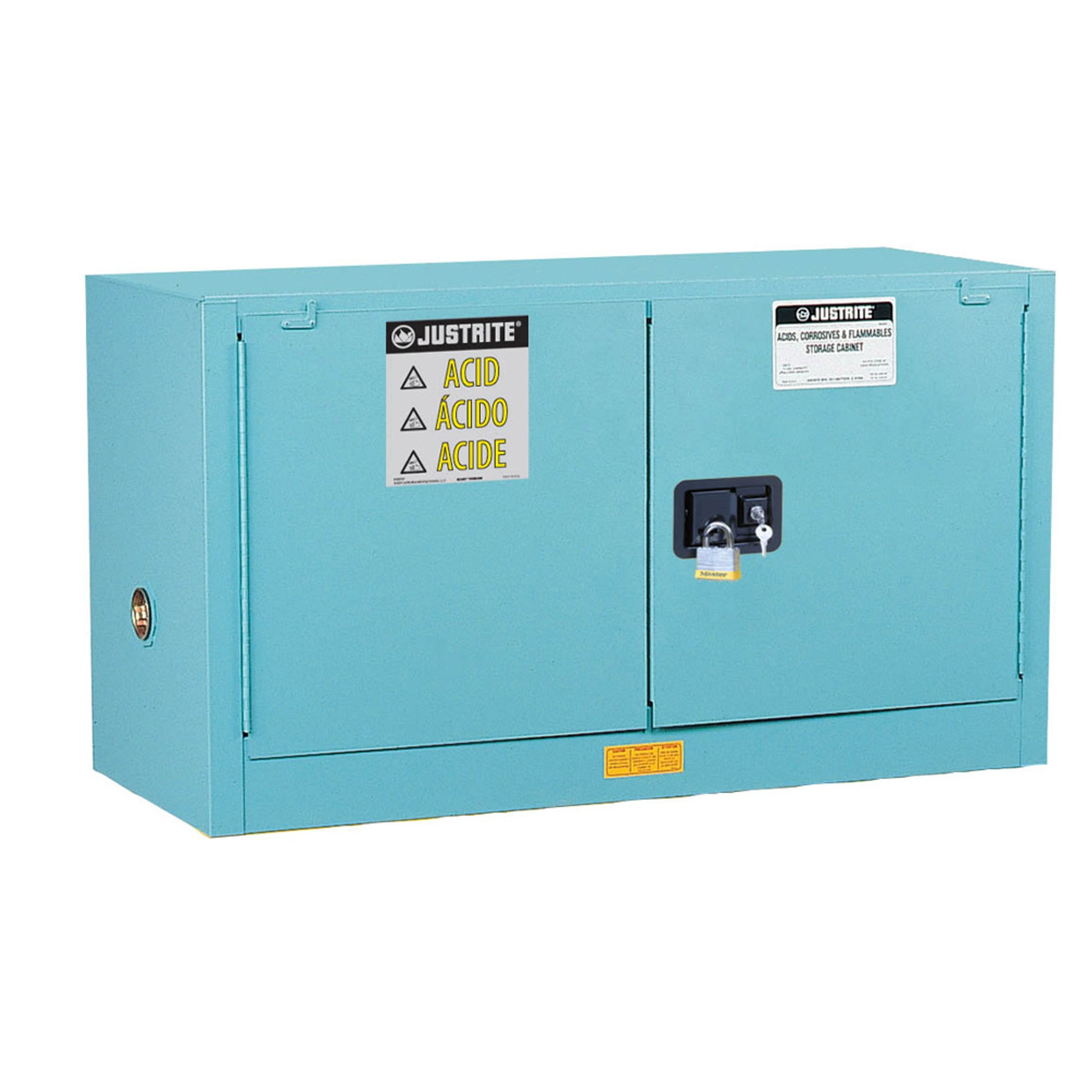 Justrite Sure-Grip Ex Piggyback Corrosives/Acid Steel Safety Cabinet - Cap. 17 Gal - 1 Shlf - 2 S/C Doors - Blu - 891722