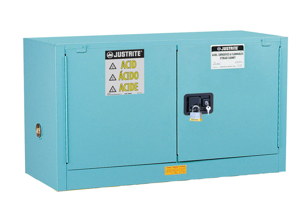 Justrite Sure-Grip Ex Piggyback Corrosives/Acid Steel Safety Cabinet - Cap. 17 Gal - 1 Shlf - 2 S/C Doors - Blu - 891722