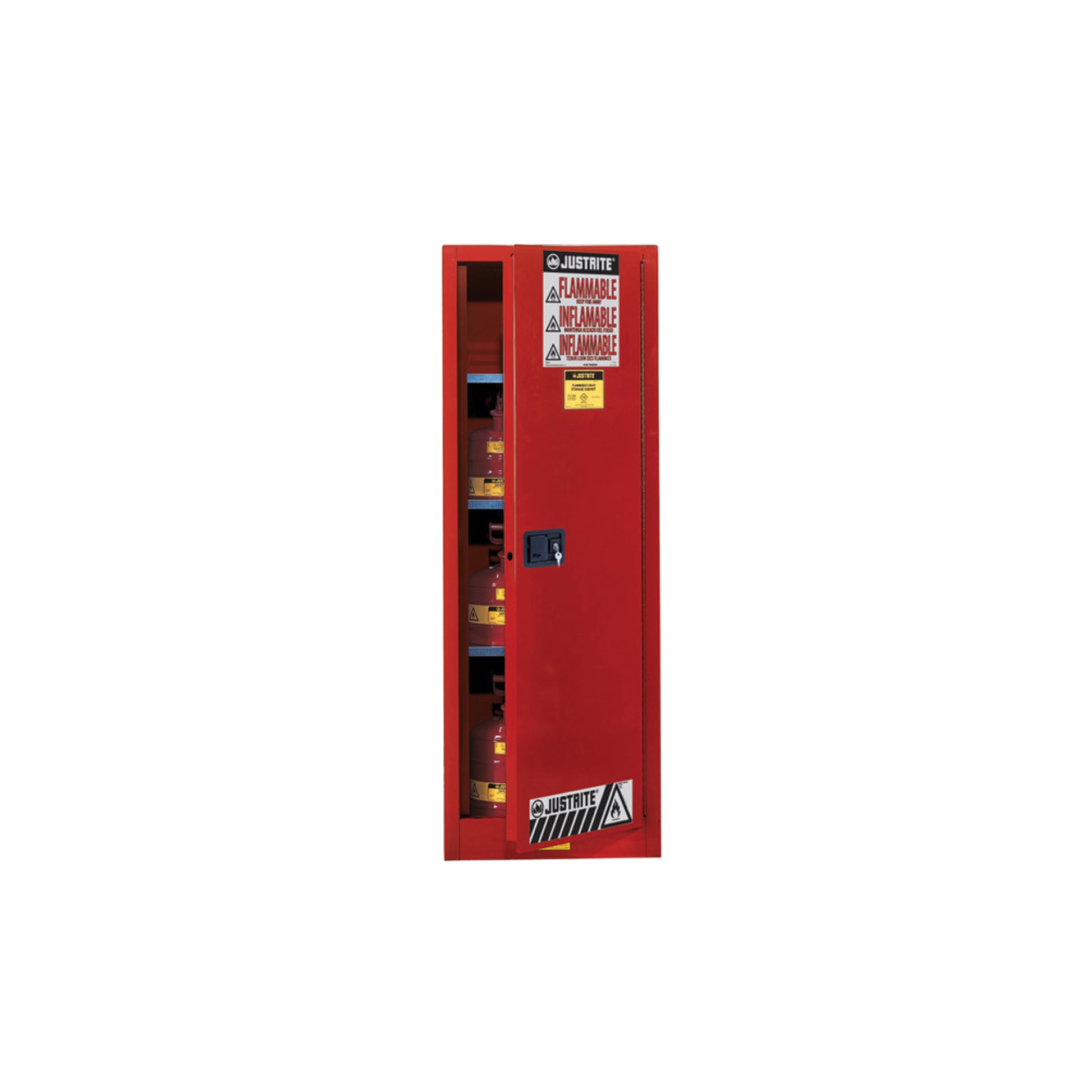 Justrite Sure-Grip Ex Slimline Flammable Safety Cabinet - Cap. 22 Gallons - 3 Shelves - 1 S/C Door - Red - 892221