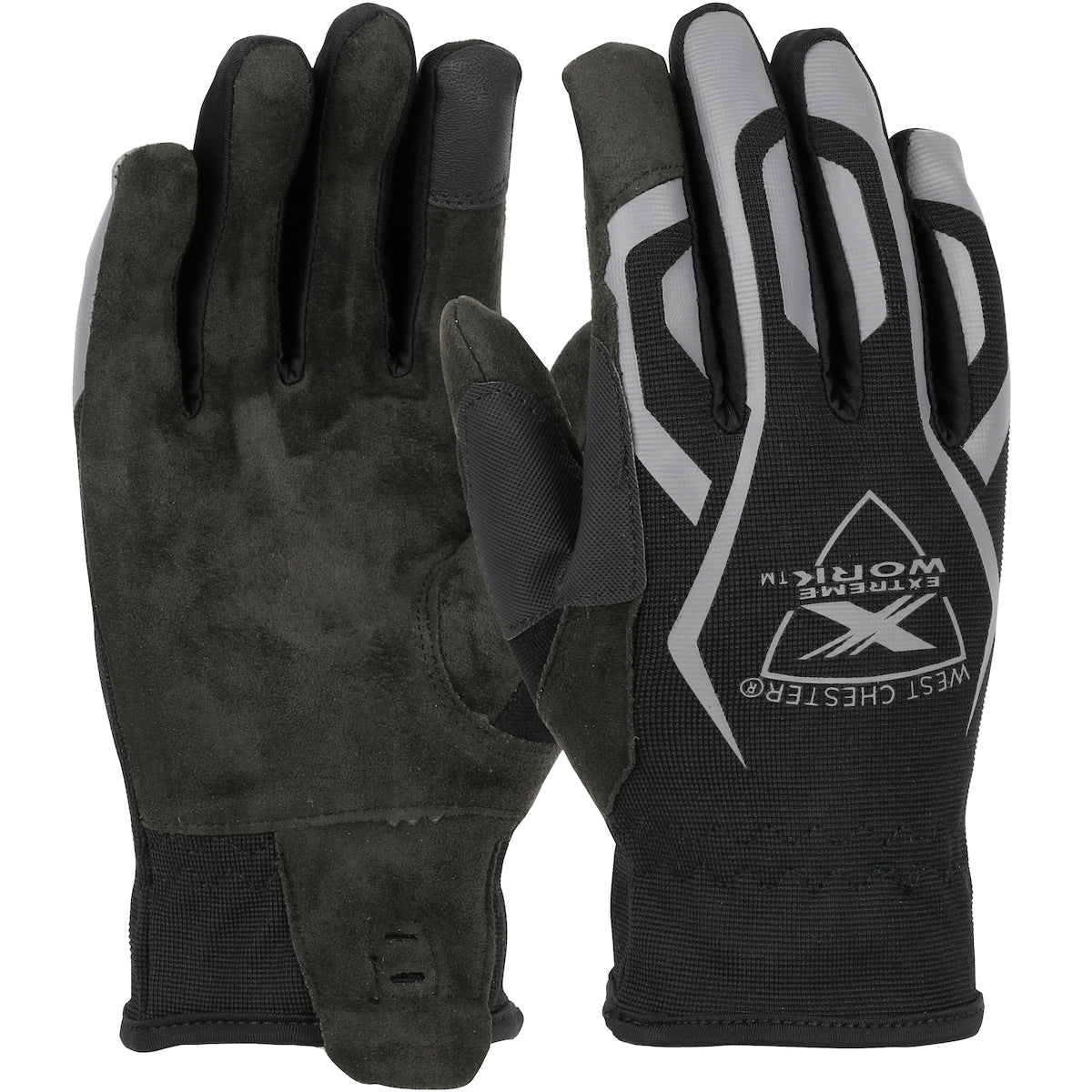 Extreme Work MultiPurpX ToughX Suede Palm w/Fabric Back & Touchscreen Compatible Index Finger - Slip-On Cuff - Gray - 3/PR - 89300
