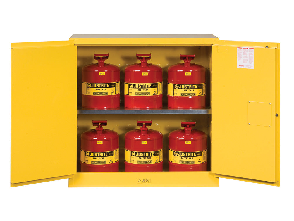 Justrite Sure-Grip Ex Safety Cabinet/Can Package - Cap. 30-Gal. Cabinet W/Cans - 2 Shlvs - 2 M/C Doors - Yellow - 8930008