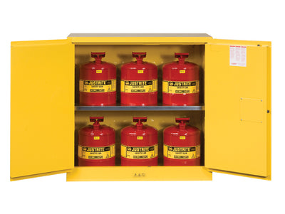 Justrite Sure-Grip Ex Safety Cabinet/Can Package - Cap. 30-Gal. Cabinet W/Cans - 2 Shlvs - 2 M/C Doors - Yellow - 8930008