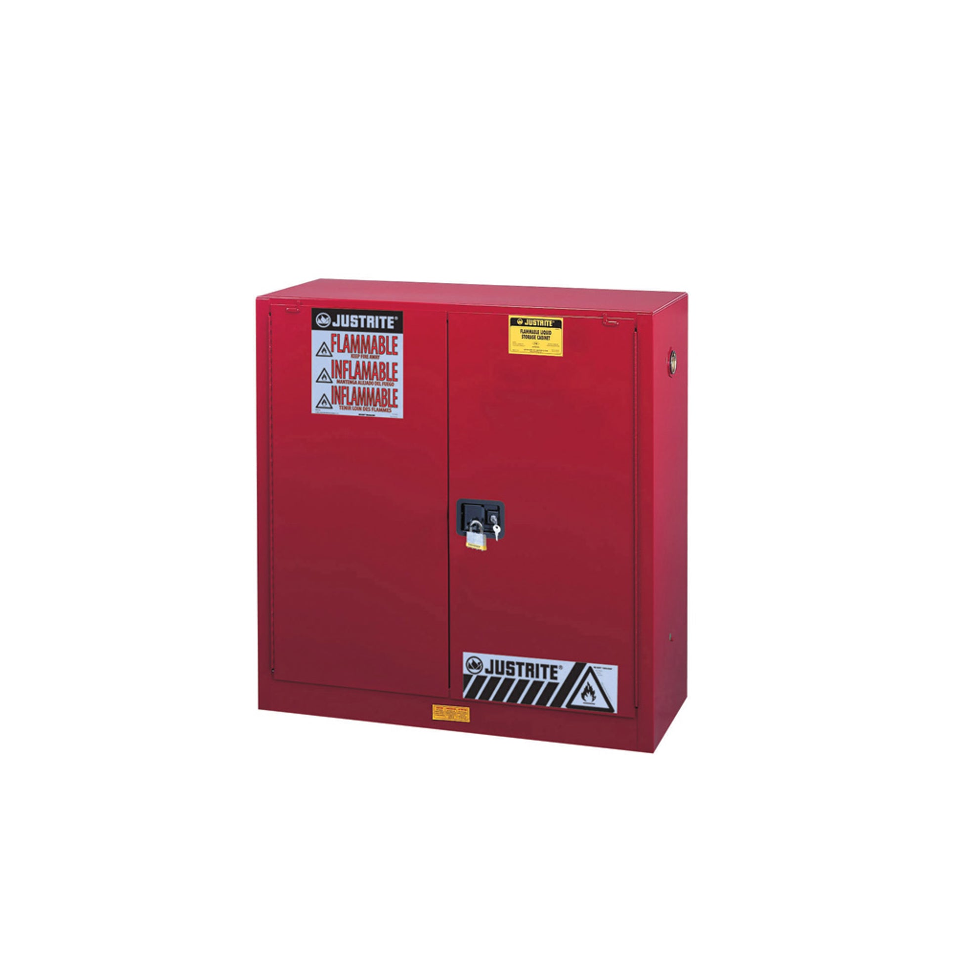 Justrite Sure-Grip Ex Flammable Safety Cabinet - Dims. 44"H - Cap. 30 Gal. - 1 Shelf - 2 M/C Doors - Red - 893001