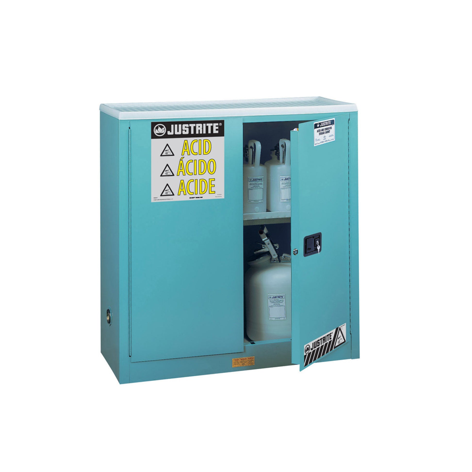 Justrite Sure-Grip Ex Corrosives/Acid Stl Safety Cabinet - Dims. 44"H - Cap. 30 Gal. - 1 Shlf - 2 M/C Drs - Blue - 893002