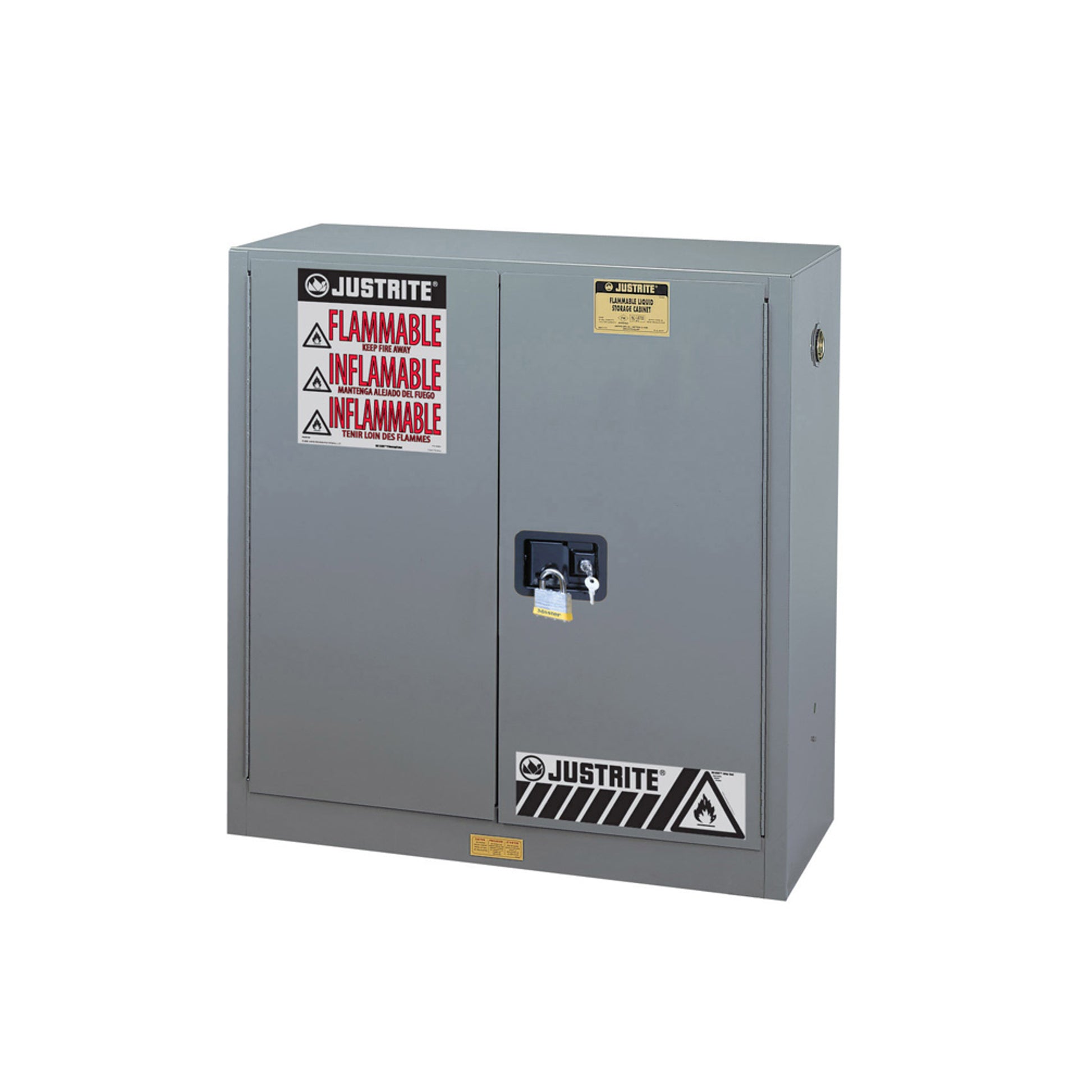 Justrite Sure-Grip Ex Flammable Safety Cabinet - Dims. 44"H - Cap. 30 Gal. - 1 Shelf - 2 M/C Doors - Gray - 893003