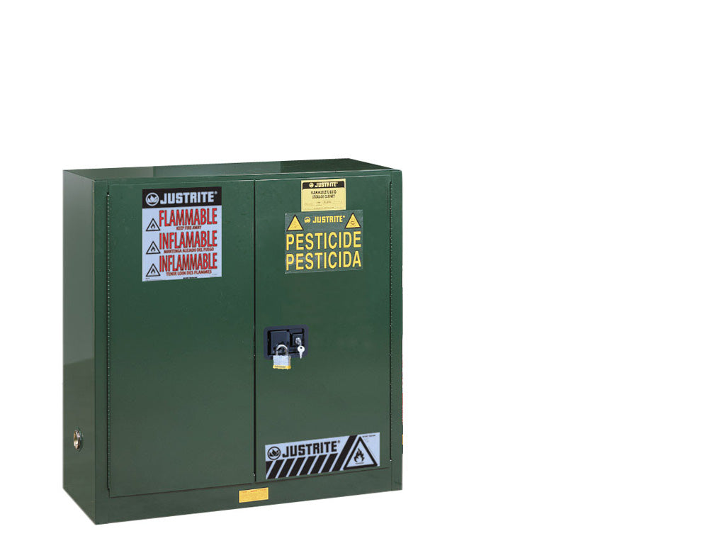 Justrite Sure-Grip Ex Pesticides Safety Cabinet - Dims. 44"H - Cap. 30 Gal. - 1 Shelf - 2 M/C Doors - Green - 893004