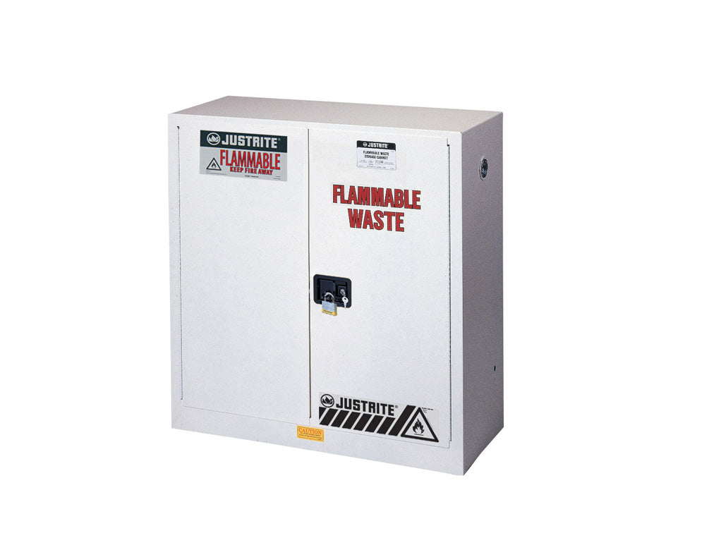 Justrite Flammable Waste Safety Cabinet - Steel - Cap 30 Gallons - 1 Shelf - 2 Manual-Close Doors - White - 8930053