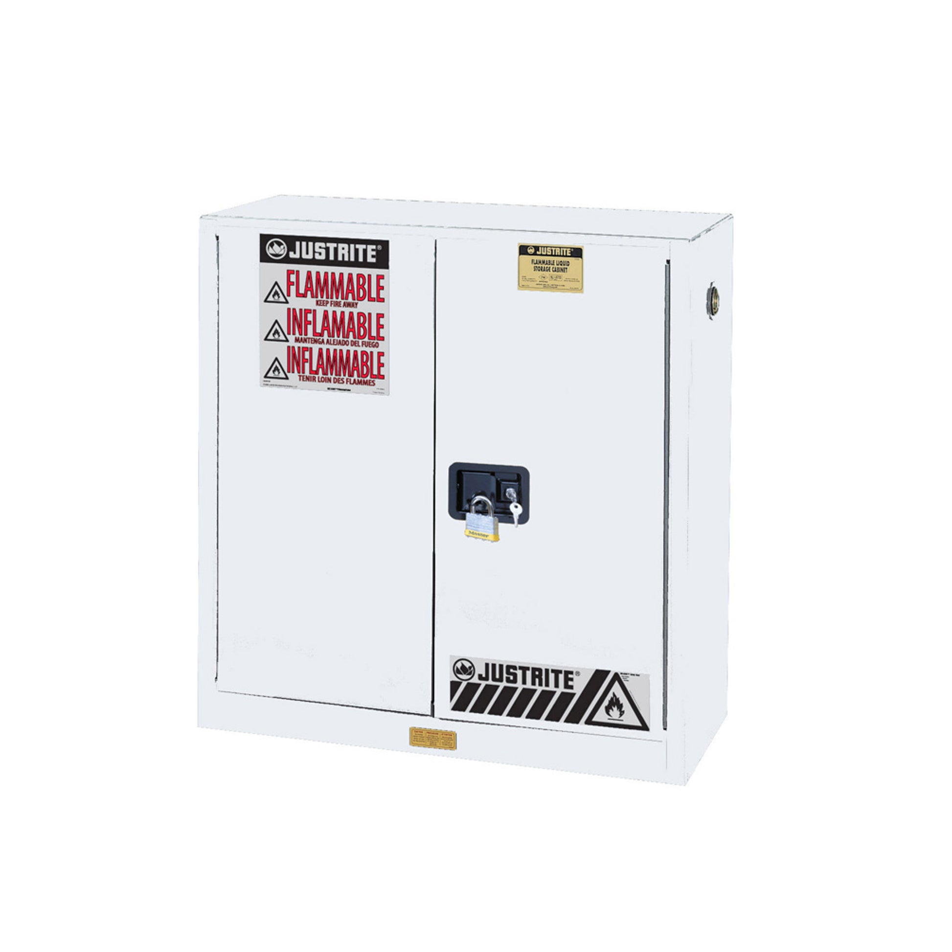 Justrite Sure-Grip Ex Flammable Safety Cabinet - Dims. 44"H - Cap. 30 Gal. - 1 Shelf - 2 M/C Doors - White - 893005