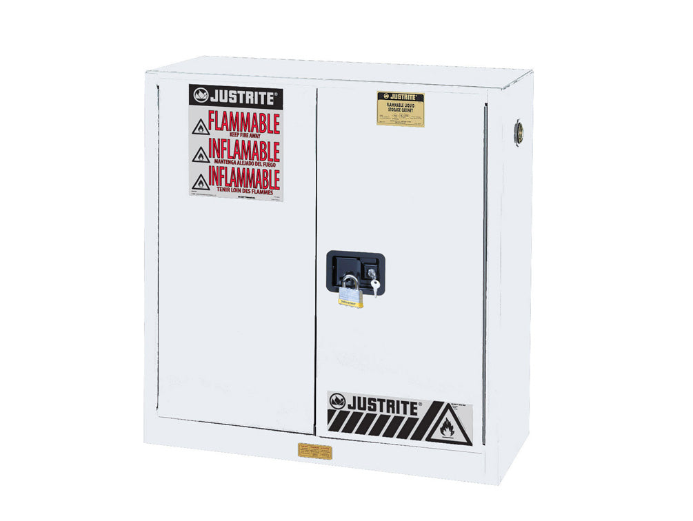 Justrite Sure-Grip Ex Flammable Safety Cabinet - Dims. 44"H - Cap. 30 Gal. - 1 Shelf - 2 M/C Doors - White - 893005
