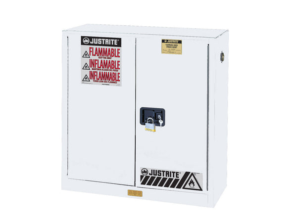 Justrite Sure-Grip Ex Flammable Safety Cabinet - Dims. 44"H - Cap. 30 Gal. - 1 Shelf - 2 M/C Doors - White - 893005