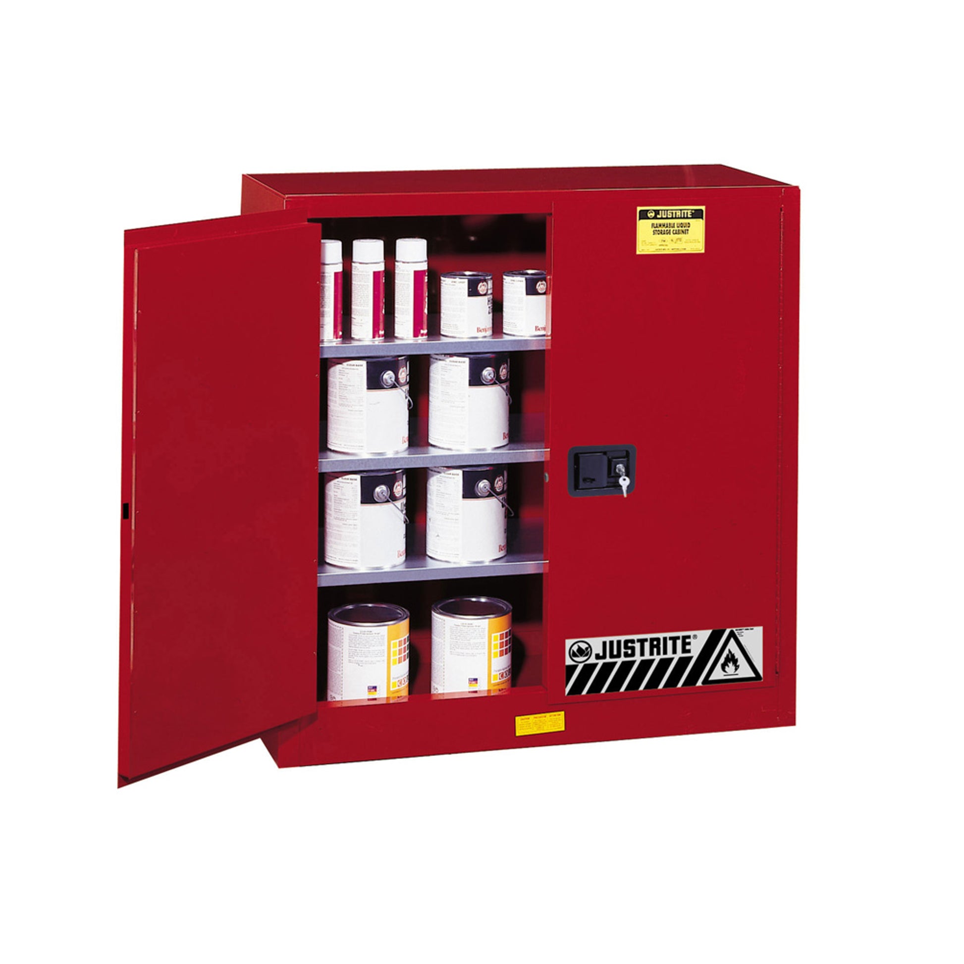 Justrite Sure-Grip Ex Combustibles Safety Cabinet For Paint And Ink - Cap. 40 Gal. - 3 Shelves - 2 M/C Dr - Red - 893011