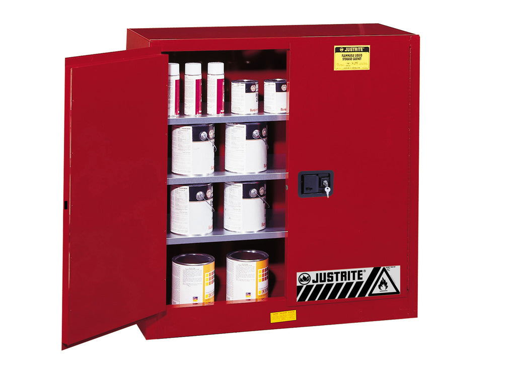 Justrite Sure-Grip Ex Combustibles Safety Cabinet For Paint And Ink - Cap. 40 Gal. - 3 Shelves - 2 M/C Dr - Red - 893011