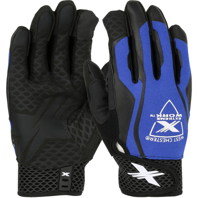 Extreme Work LocX-On Synthetic Leather Palm w/Silicone Grip Blue Fabric Back & Touchscreen Index Finger - XLock Cuff - DISCONTINUED - 3/PR - 89302