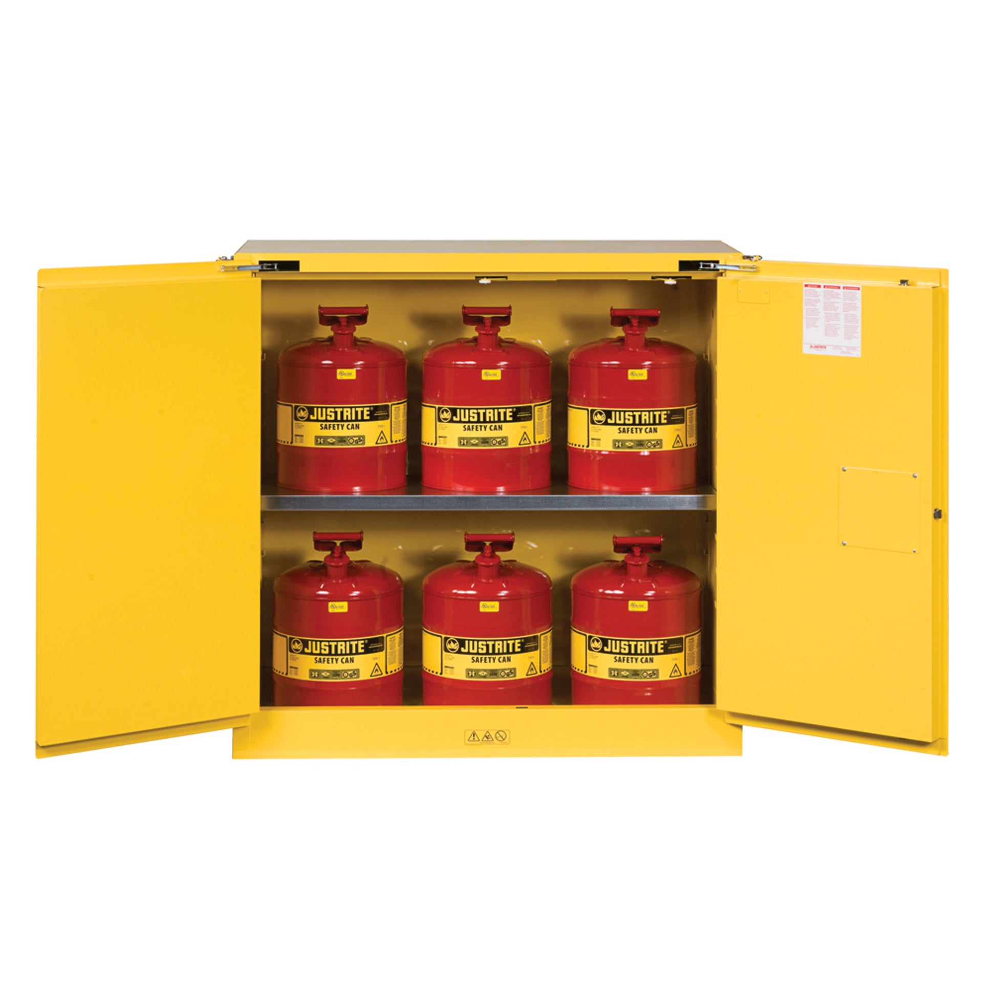 Justrite Sure-Grip Ex Safety Cabinet/Can Package - Cap. 30-Gal. Cabinet W/Cans - 2 Shlvs - 2 S/C Doors - Yellow - 8930208