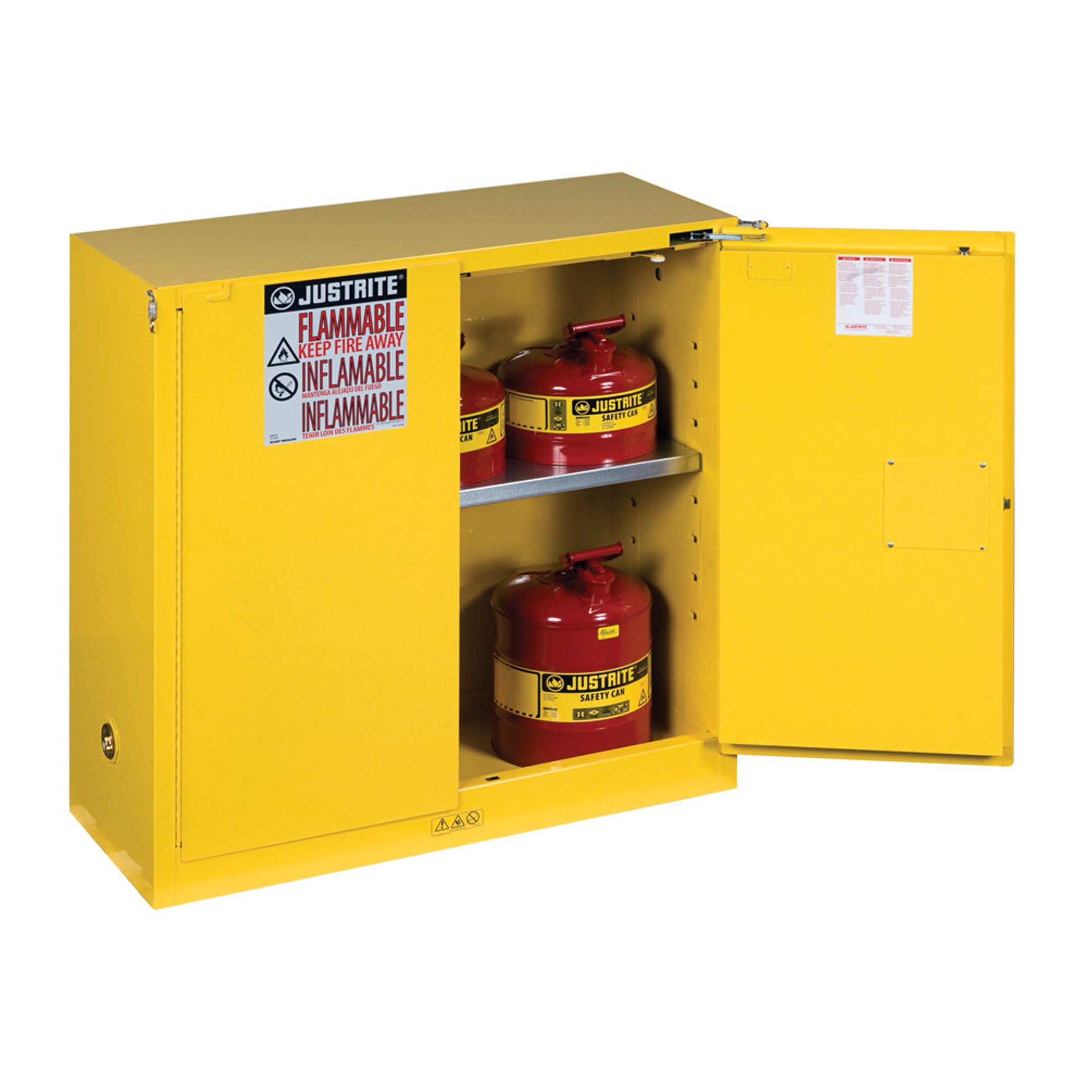 Justrite Sure-Grip Ex Flammable Safety Cabinet - Cap. 30 Gallons - 1 Shelf - 2 Self-Close Doors - Yellow - 893020
