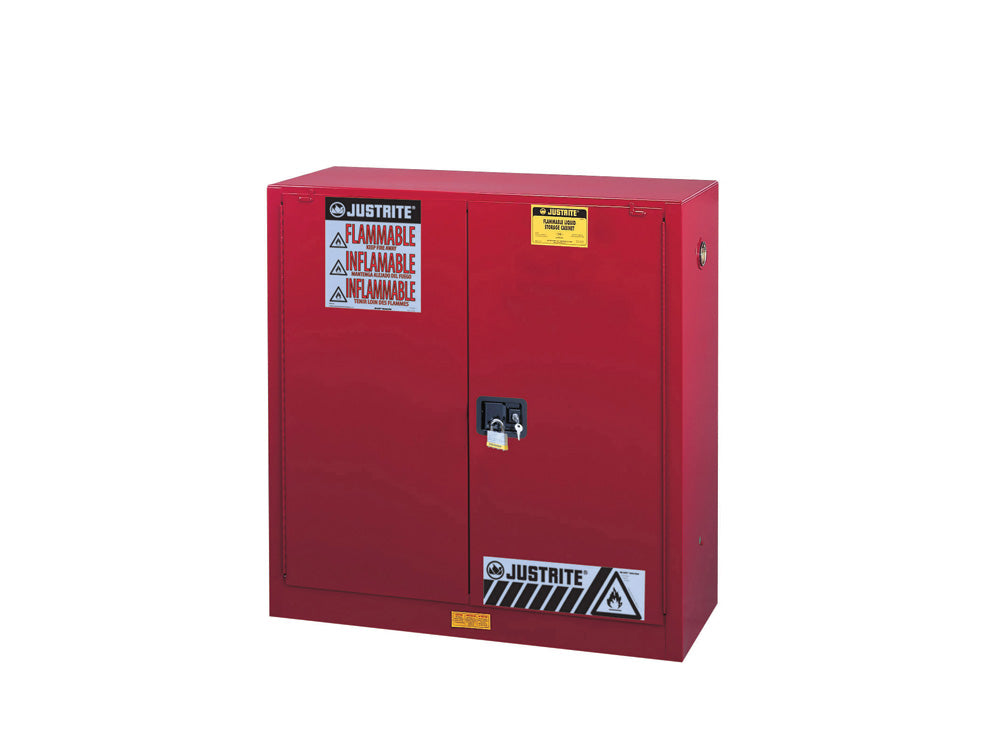 Justrite Sure-Grip Ex Flammable Safety Cabinet - Cap. 30 Gallons - 1 Shelf - 2 Self-Close Doors - Red - 893021