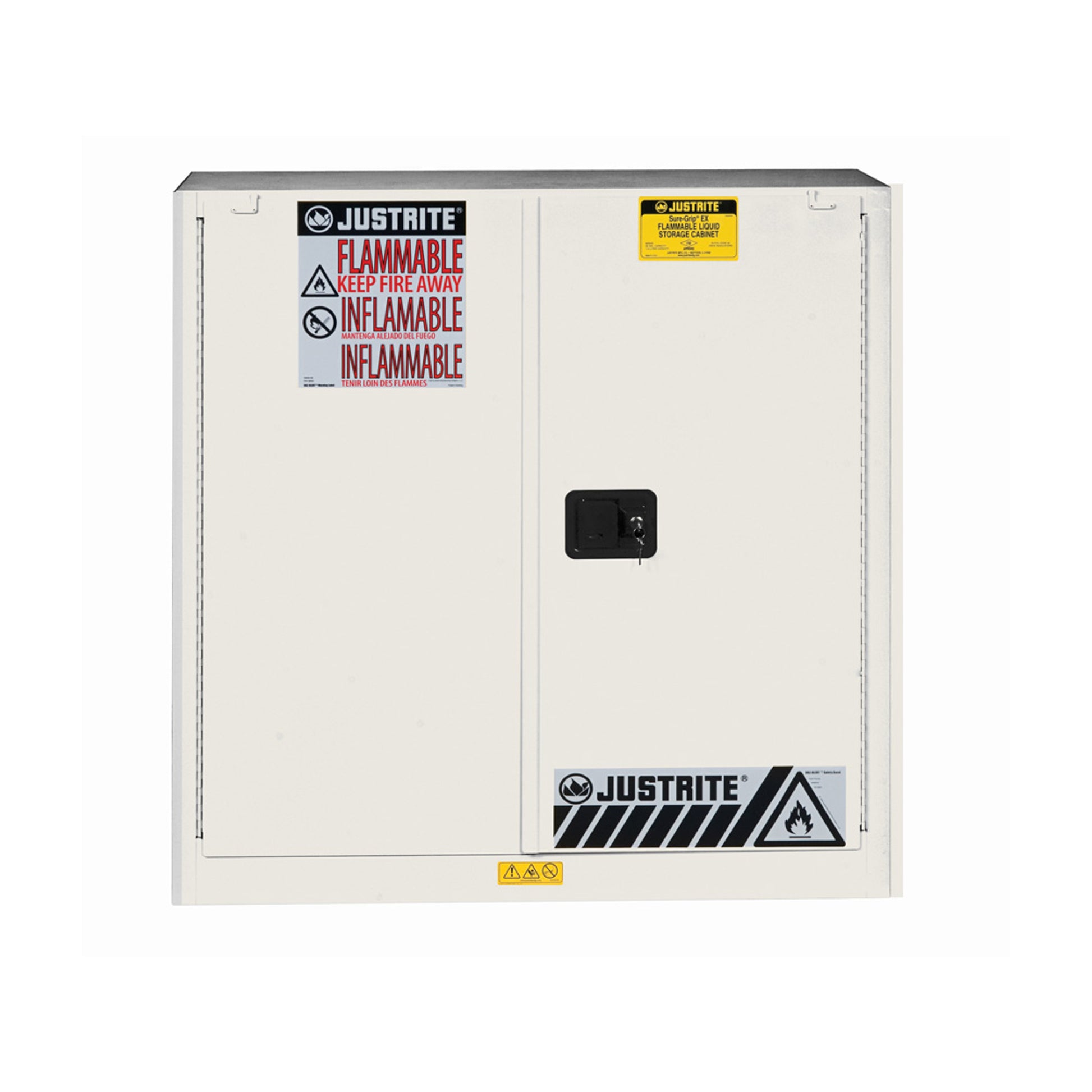 Justrite Sure-Grip Ex Flammable Safety Cabinet - Cap. 30 Gallons - 1 Shelf - 2 Self-Close Doors - White - 893025