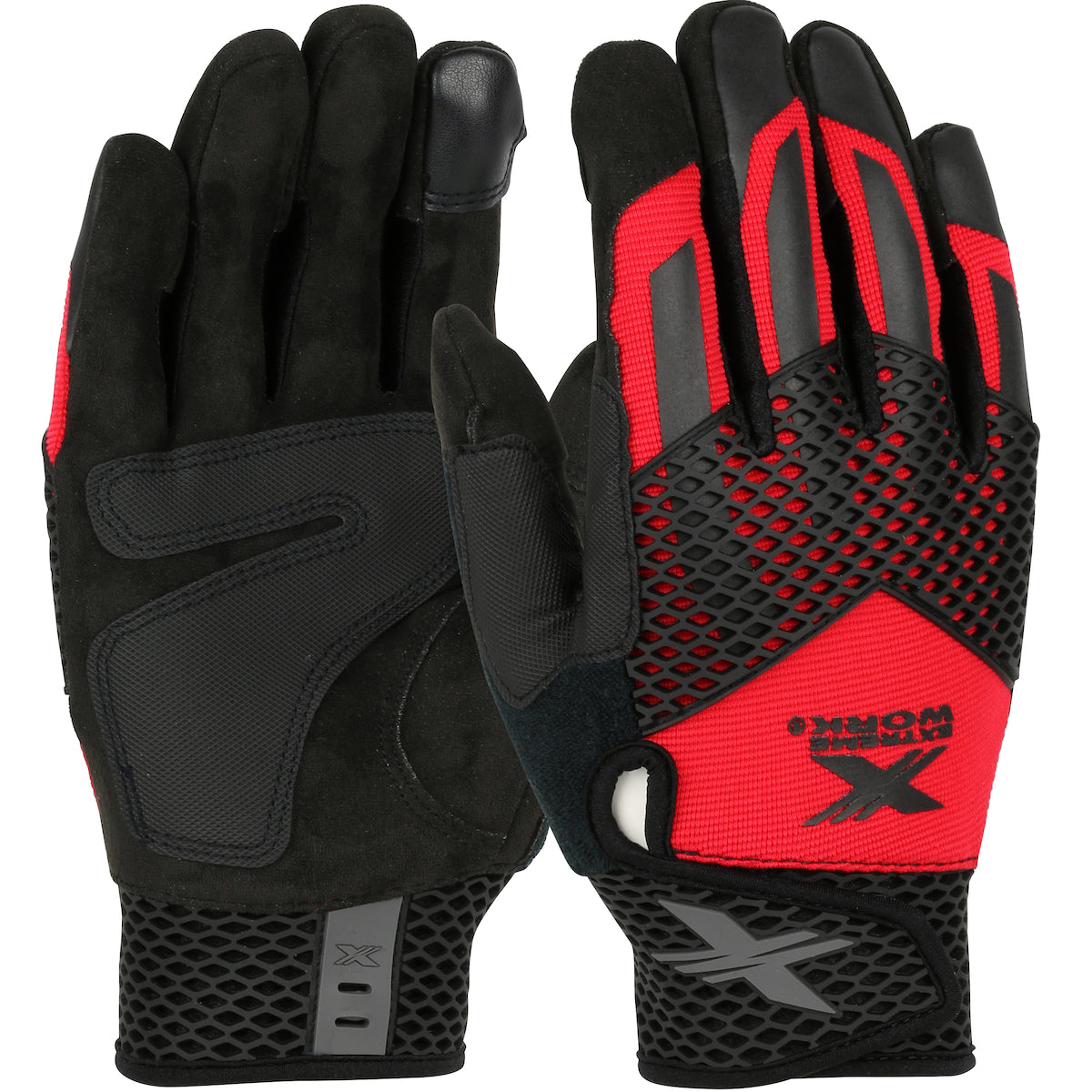 Extreme Work Knuckle KnoX ToughX Suede Palm w/Red Fabric Back & Touchscreen Index Finger - TPR Guard - Red - 3/PR - 89303
