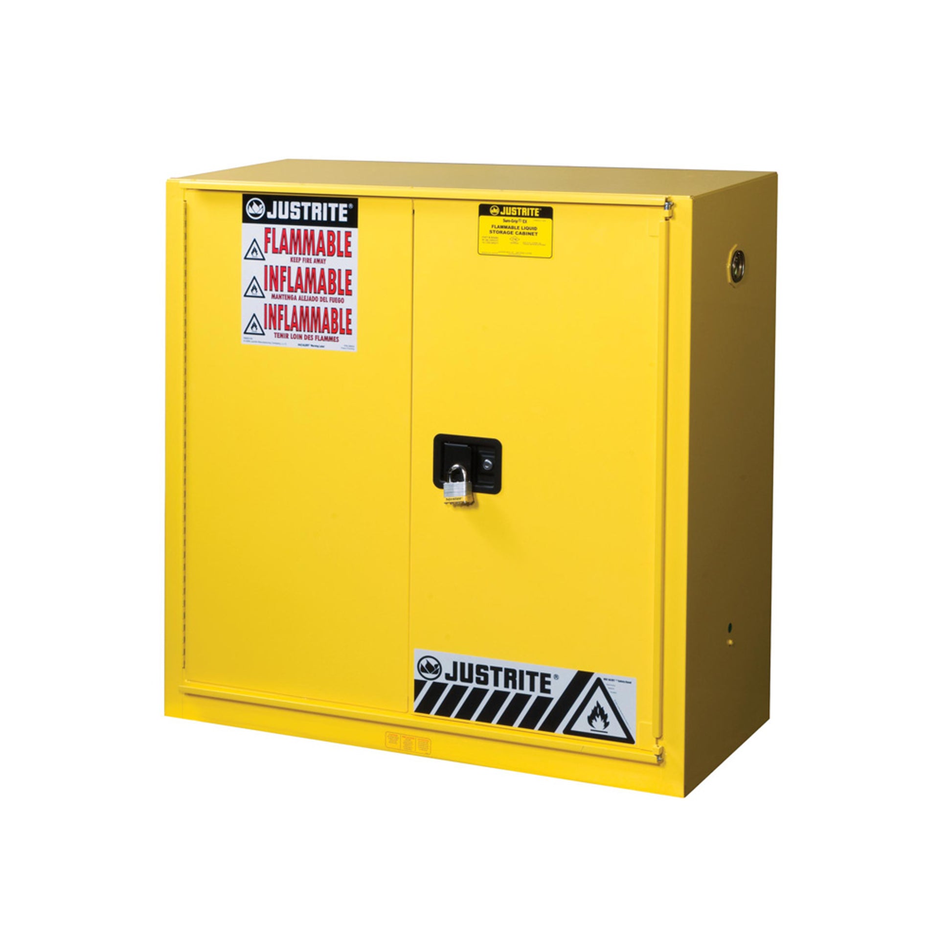 Justrite Sure-Grip Ex Flammable Safety Cabinet - Cap. 30 Gal. - 1 Shelf - 1 Bi-Fold S/C Door - Yellow - 893080