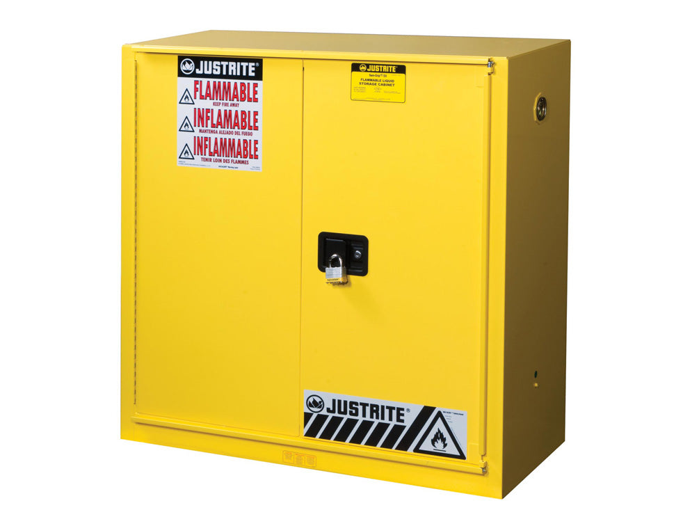 Justrite Sure-Grip Ex Flammable Safety Cabinet - Cap. 30 Gal. - 1 Shelf - 1 Bi-Fold S/C Door - Yellow - 893080