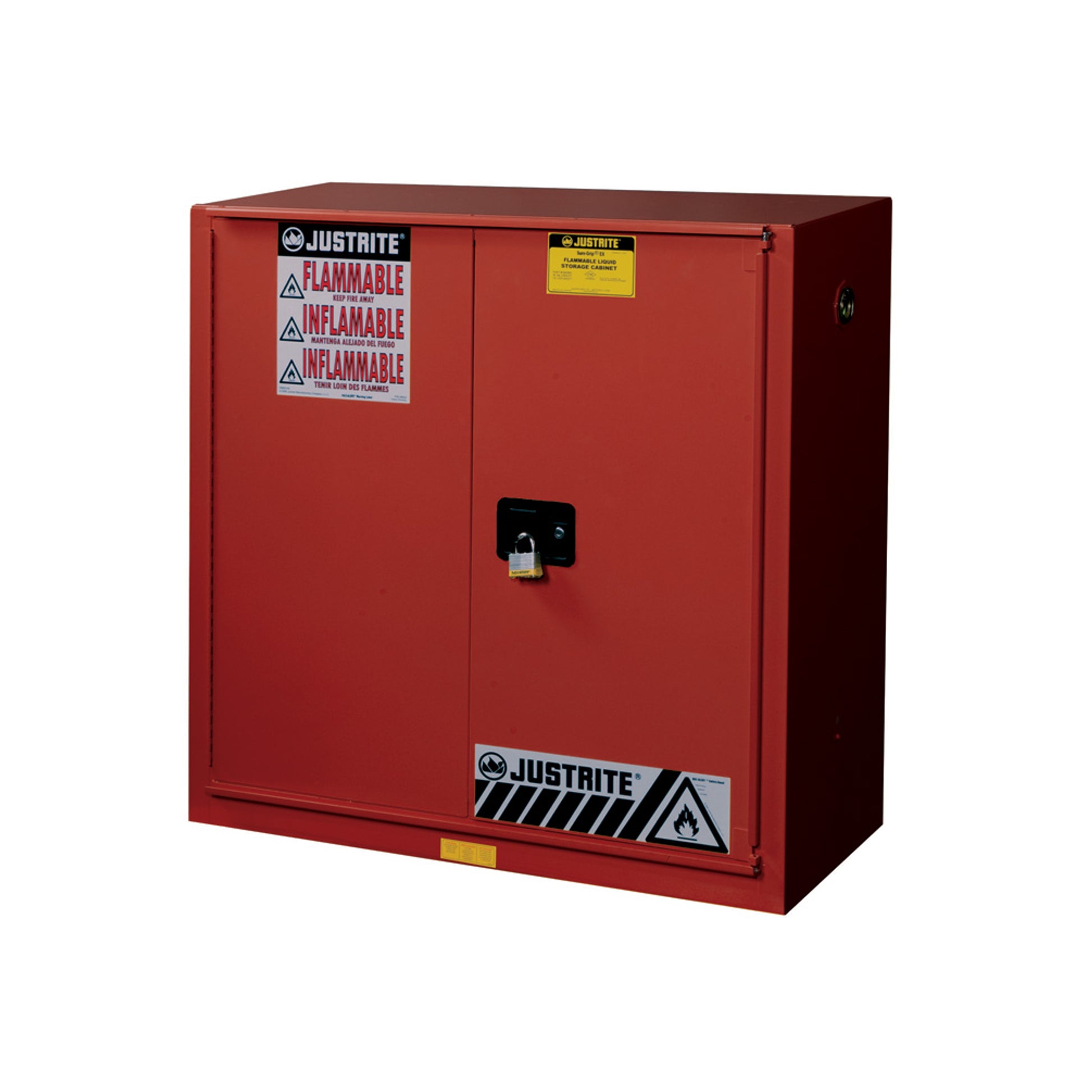 Justrite Sure-Grip Ex Combustibles Safety Cabinet For Paint/Ink - Cap. 40 Gal. - 3 Shlvs - 1 Bifld S/C Dr - Red - 893091