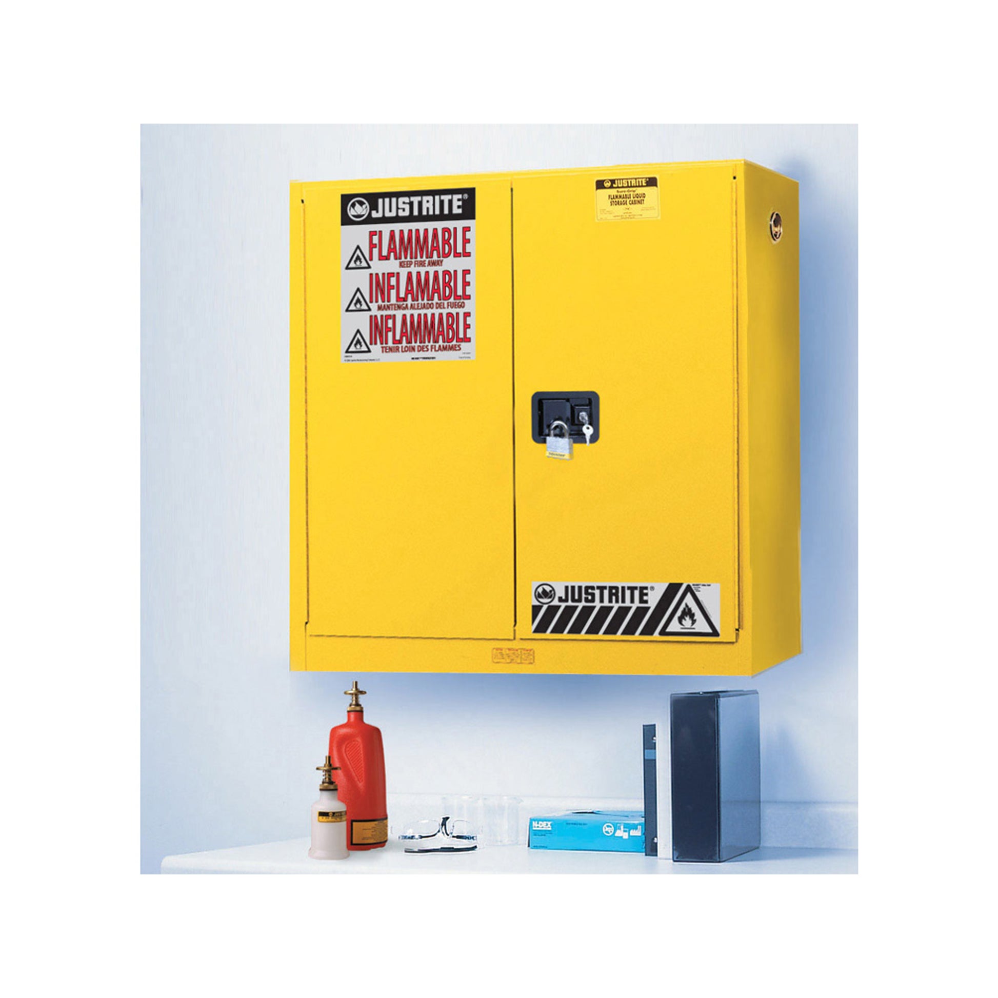 Justrite Sure-Grip Ex Wall Mount Flammable Safety Cabinet - Cap. 20 Gallons - 5 Shelves - 2 M/C Doors - Yellow - 893400