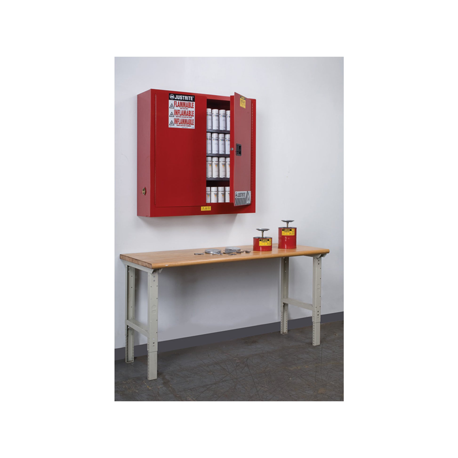 Justrite Sure-Grip Ex Wall Mount Aerosol Can Safety Cabinet - Cap 20 Gallons - 3 Shelves - 2 M/C Doors - Red - 8934016