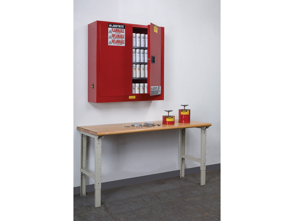 Justrite Sure-Grip Ex Wall Mount Aerosol Can Safety Cabinet - Cap 20 Gallons - 3 Shelves - 2 M/C Doors - Red - 8934016