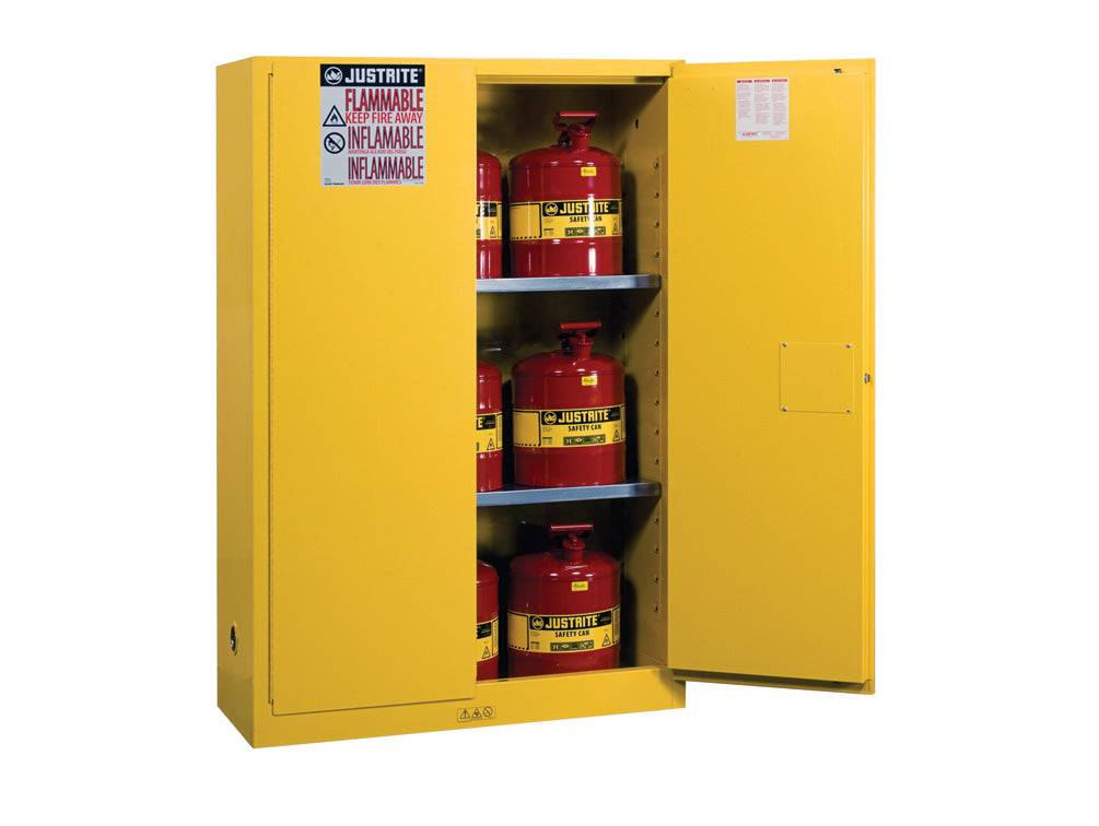 Justrite Sure-Grip Ex Safety Cabinet/Can Package - Cap. 45-Gal. Cabinet W/Cans - 2 Shlvs - 2 M/C Doors - Yellow - 8945008