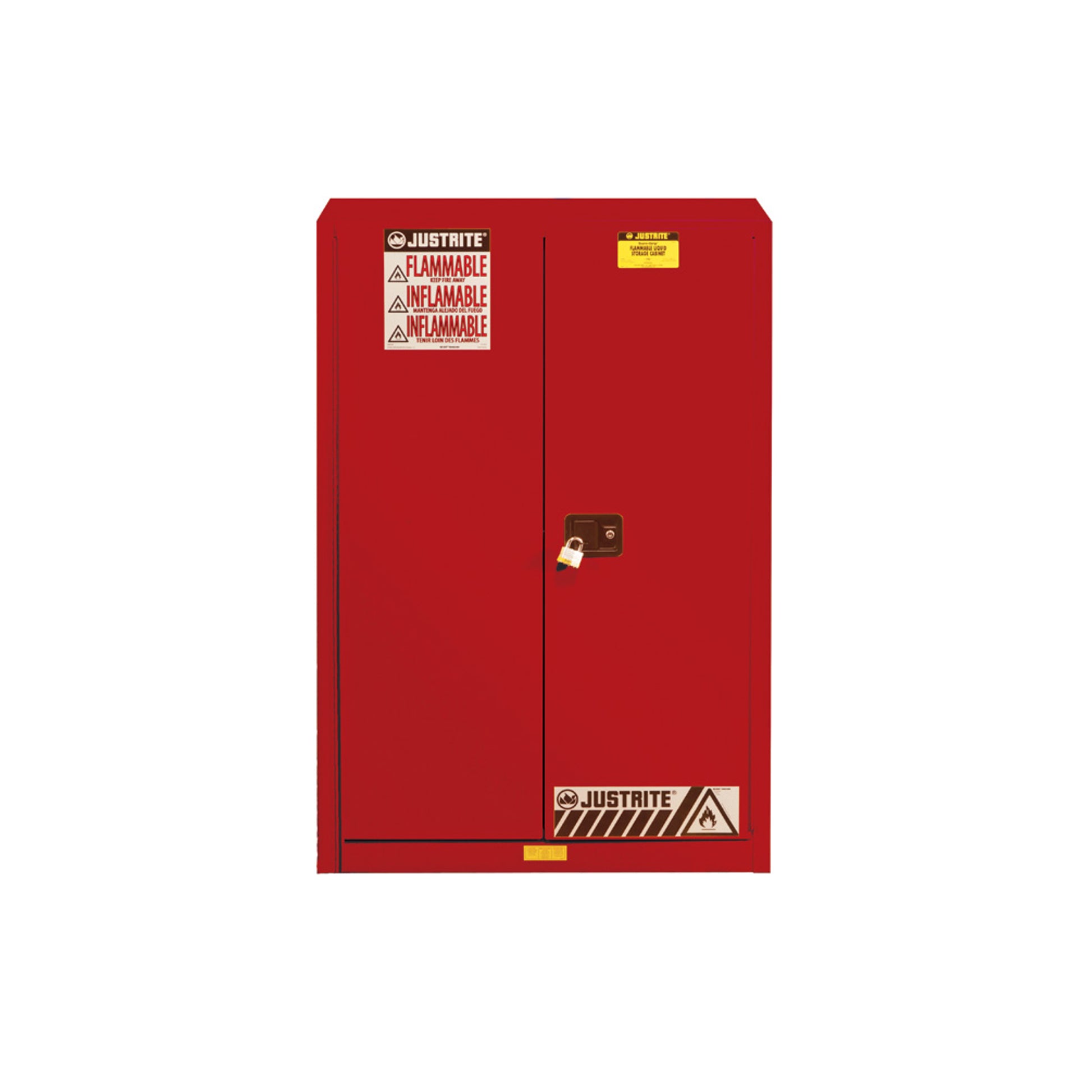 Justrite Sure-Grip Ex Flammable Safety Cabinet - Cap. 45 Gallons - 2 Shelves - 2 Manual-Close Doors - Red - 894501