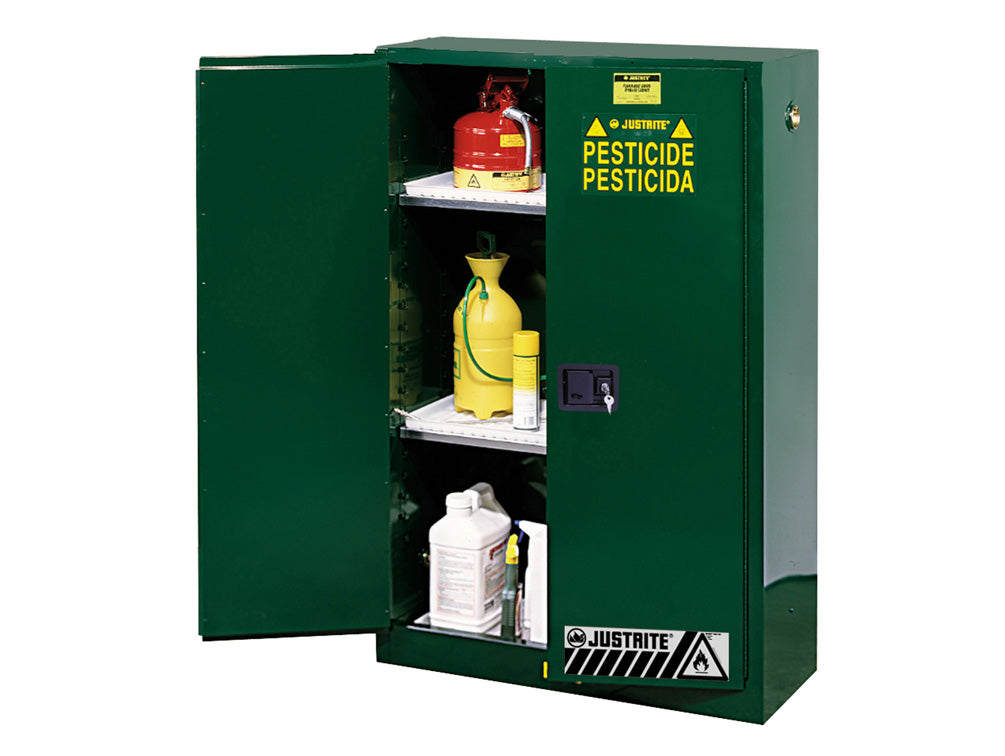 Justrite Sure-Grip Ex Pesticides Safety Cabinet - Cap. 45 Gallons - 2 Shelves - 2 Manual-Close Doors - Green - 894504