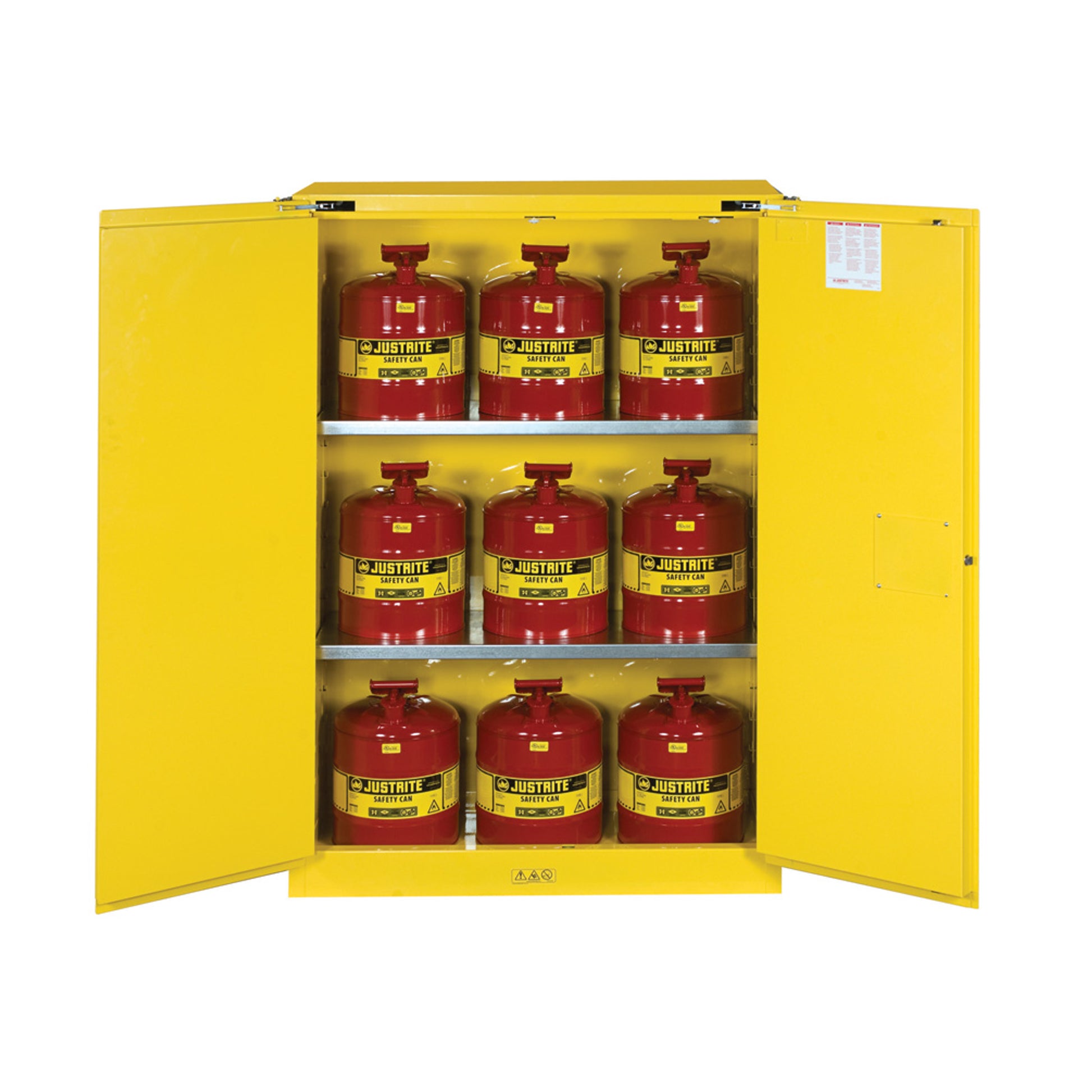 Justrite Sure-Grip Ex Safety Cabinet/Can Package - Cap. 45-Gal. Cabinet W/Cans - 2 Shlvs - 2 S/C Doors - Yellow - 8945208