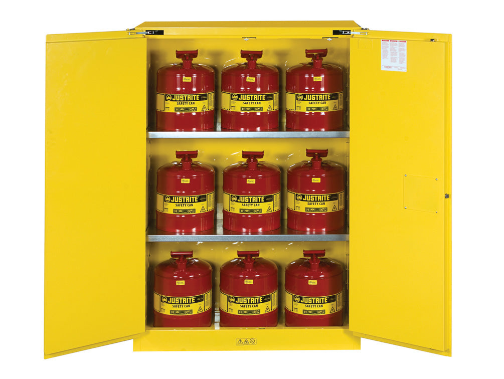 Justrite Sure-Grip Ex Safety Cabinet/Can Package - Cap. 45-Gal. Cabinet W/Cans - 2 Shlvs - 2 S/C Doors - Yellow - 8945208