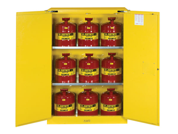 Justrite Sure-Grip Ex Safety Cabinet/Can Package - Cap. 45-Gal. Cabinet W/Cans - 2 Shlvs - 2 S/C Doors - Yellow - 8945208