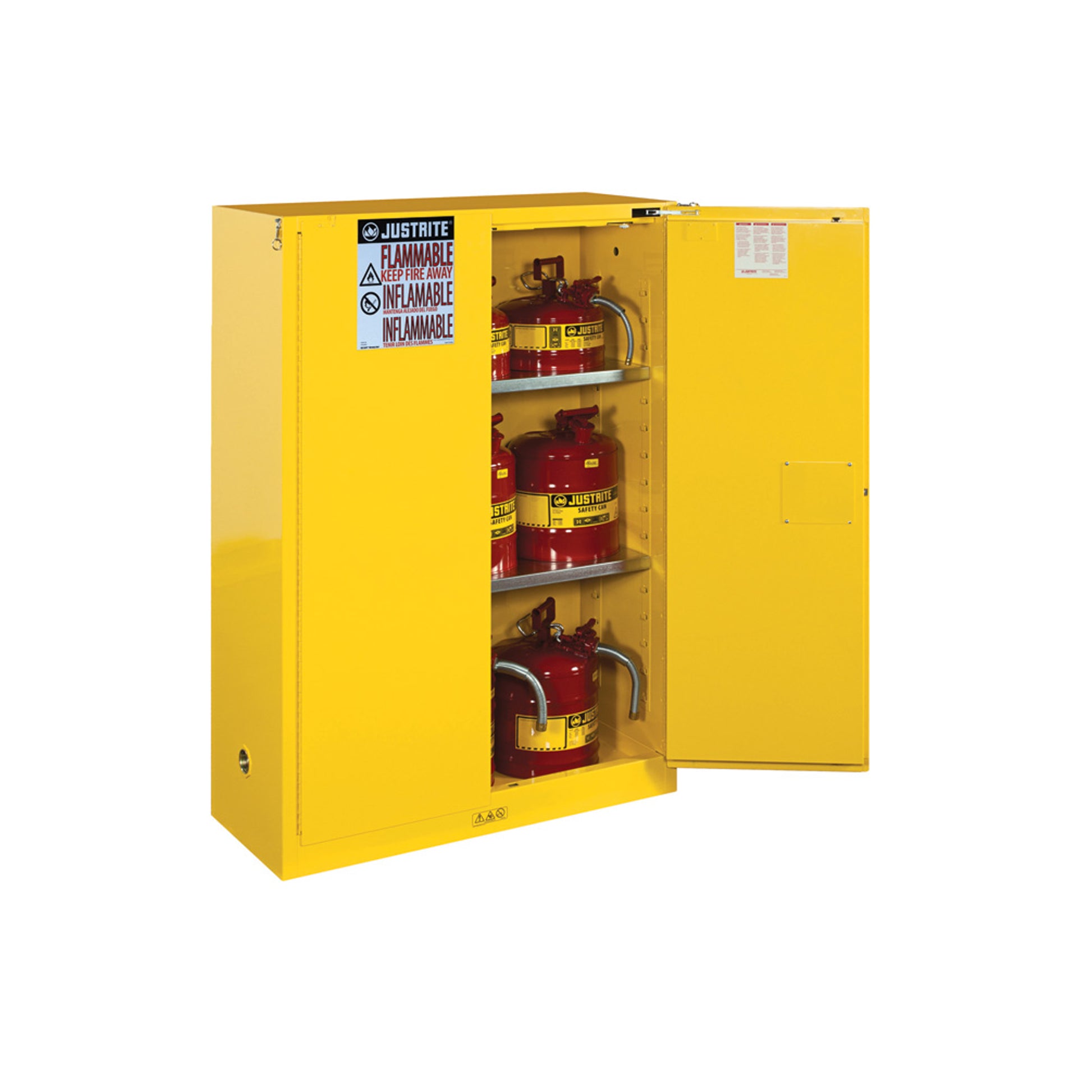 Justrite Sure-Grip Ex Flammable Safety Cabinet - Cap. 45 Gallons - 2 Shelves - 2 Self-Close Doors - Yellow - 894520