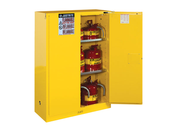 Justrite Sure-Grip Ex Flammable Safety Cabinet - Cap. 45 Gallons - 2 Shelves - 2 Self-Close Doors - Yellow - 894520