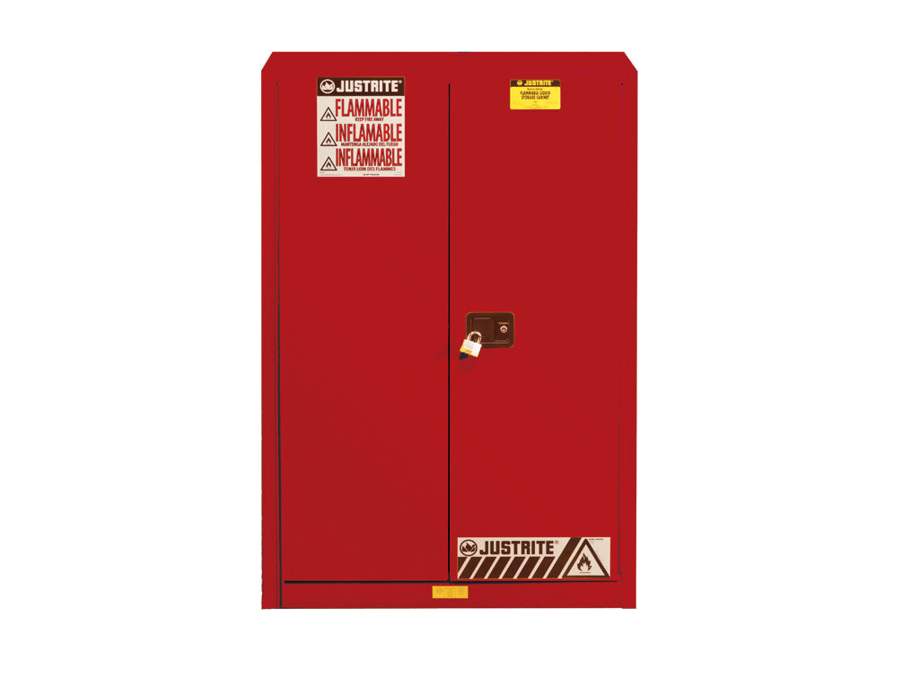 Justrite Sure-Grip Ex Flammable Safety Cabinet - Cap. 45 Gallons - 2 Shelves - 2 Self-Close Doors - Red - 894521